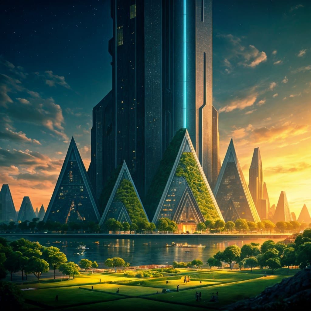 Sustainable Futuristic City of Verdant Growth and Triangular...
