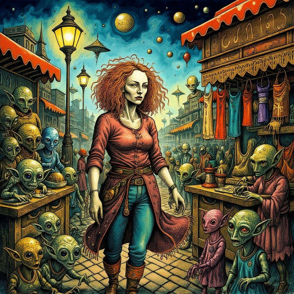 Alien Bazaar Double Exposure in Harlem Renaissance Style