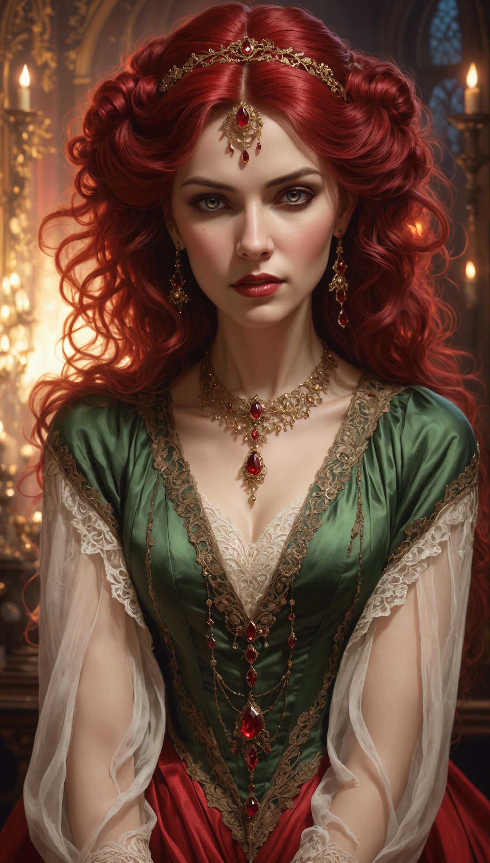 Vampire Woman Portrait with Lace and Ruby Background