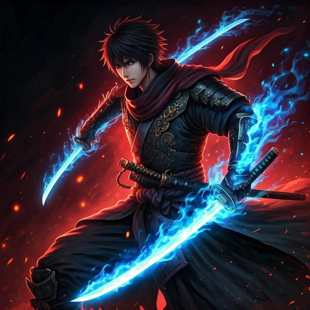 Anime Samurai with Fiery Blue Flames