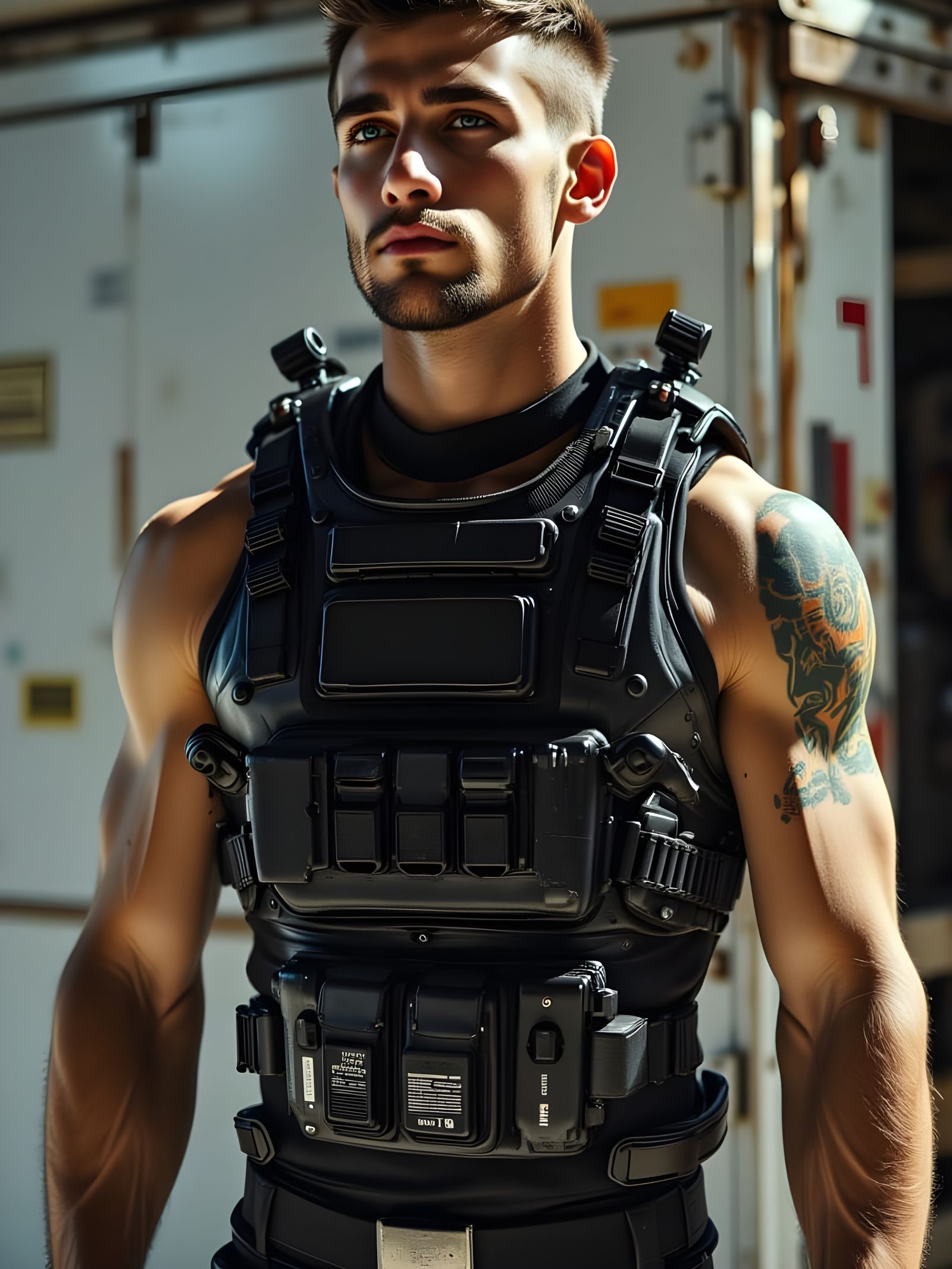 Intense Muscular Man in Tactical Vest, Photorealistic