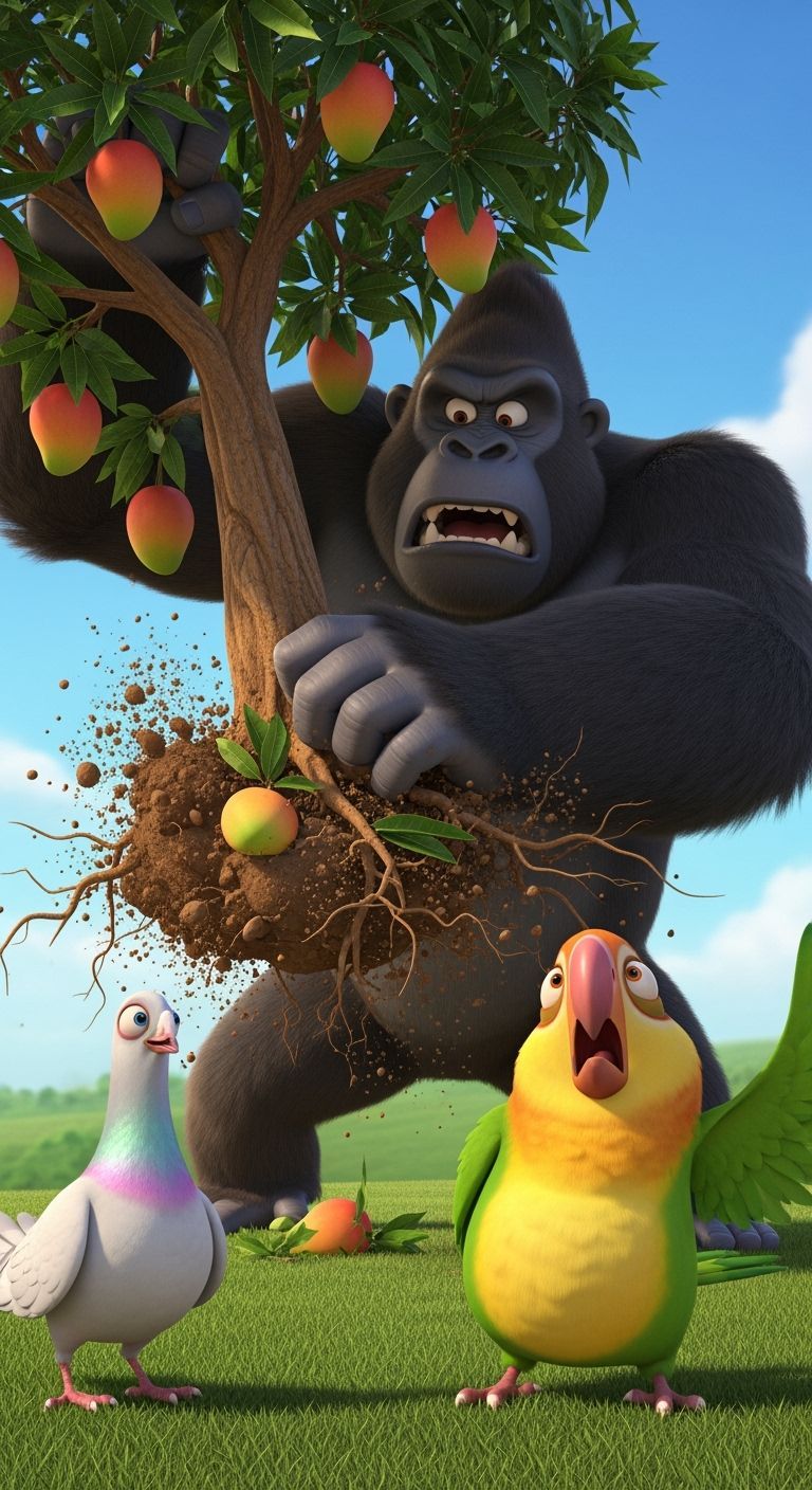 Cartoon Gorilla Uproots Mango Tree in Pixar Style
