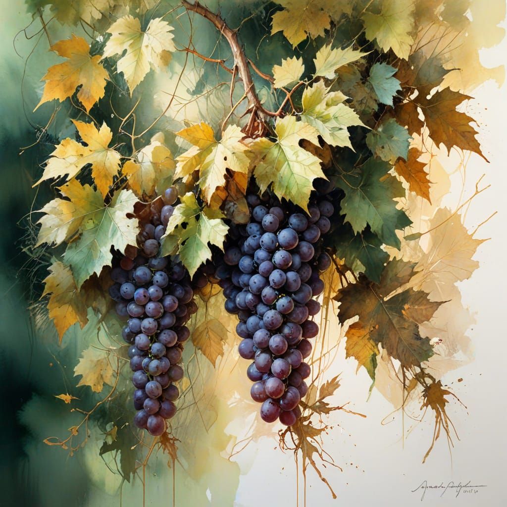 Tuscan Vineyard Landscape in Whimsical Watercolour