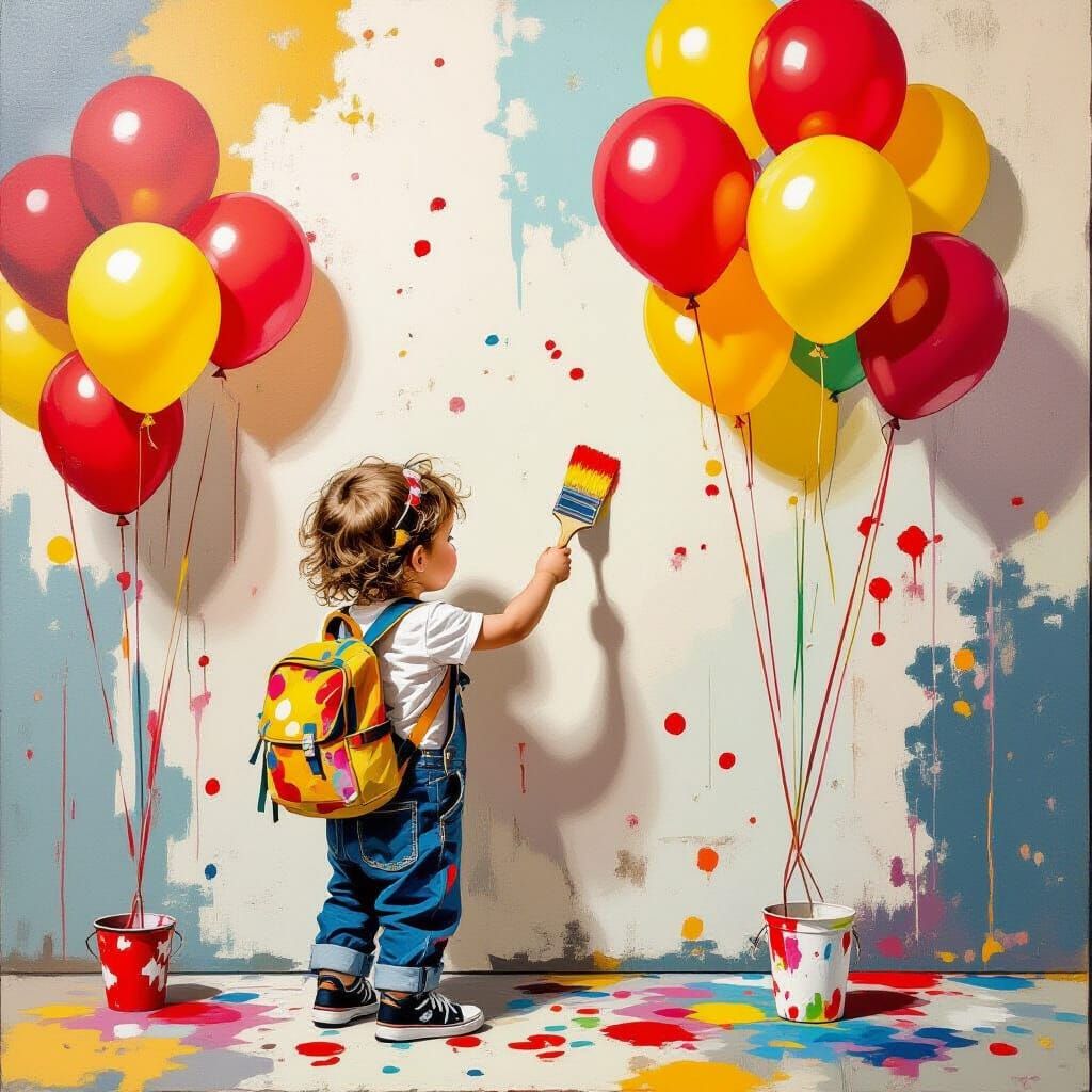 Child Paints Wall with Balloons in Illustrative Style