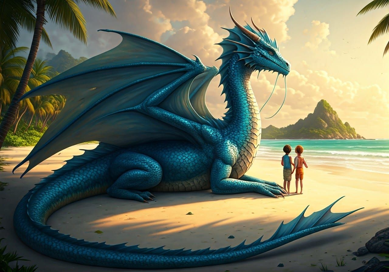 Epic Fantasy Dragon Plays with Beachgoers in Vibrant Tropica...