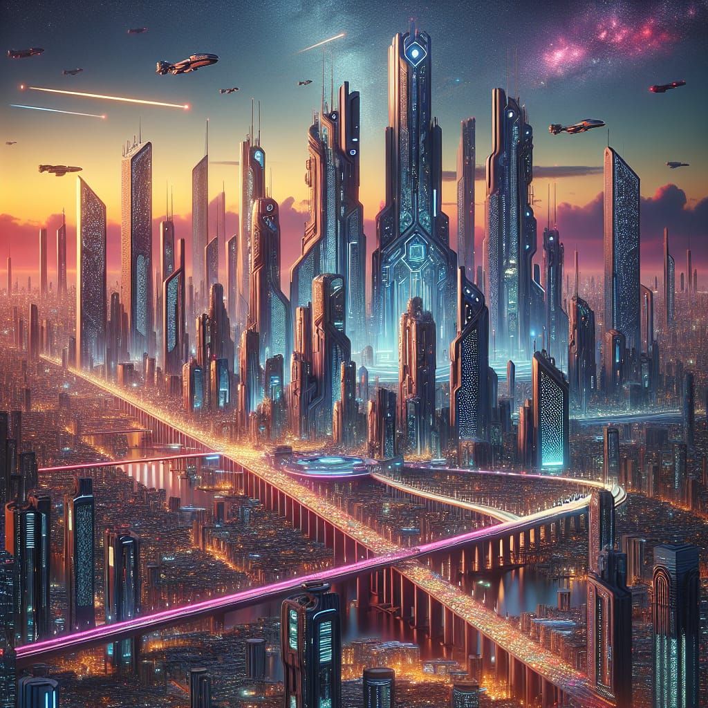 Futuristic Metropolis with Musical Skyscrapers, Matte Painti...