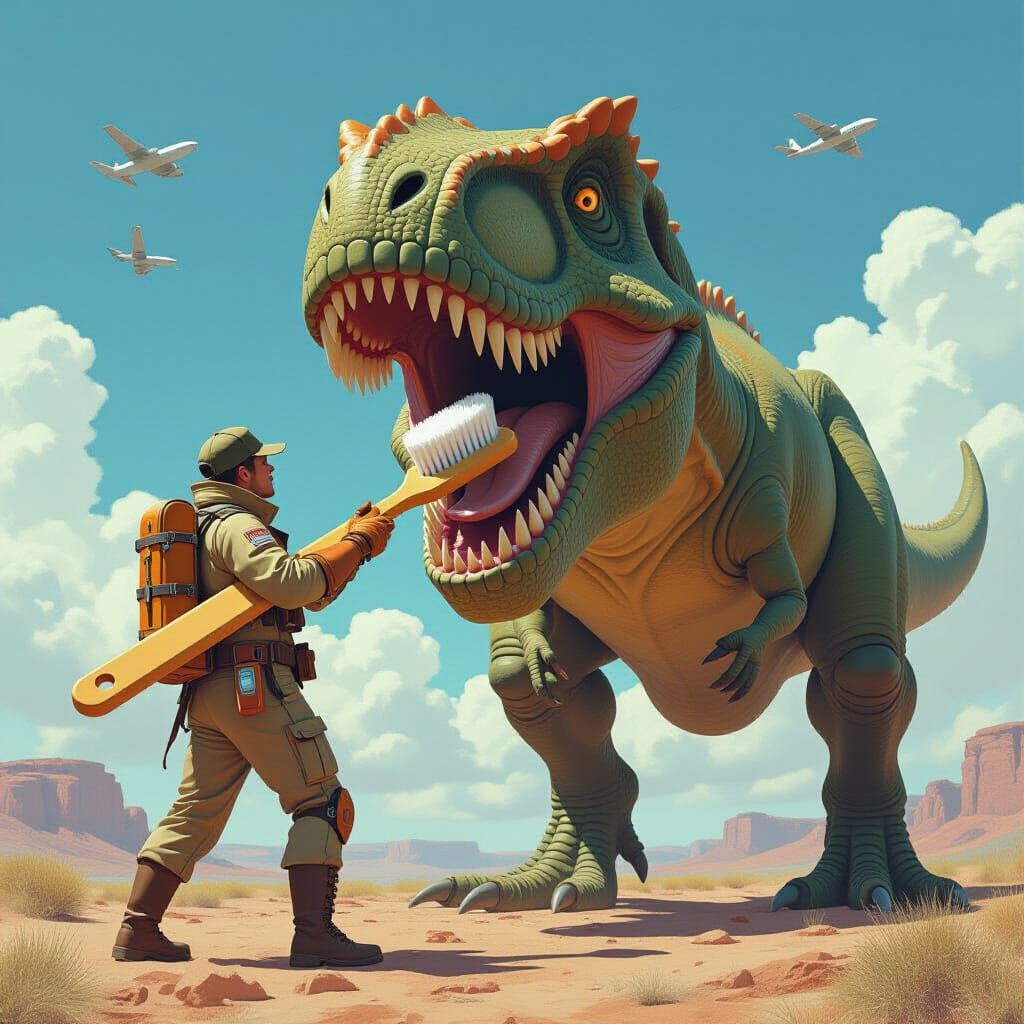 Adventurer Brushes T-Rex Teeth: Futuristic Realism
