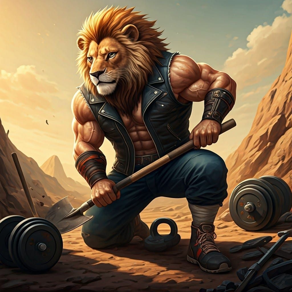 Muscular Lion Tamer Digging in Anime-Inspired 3D Art