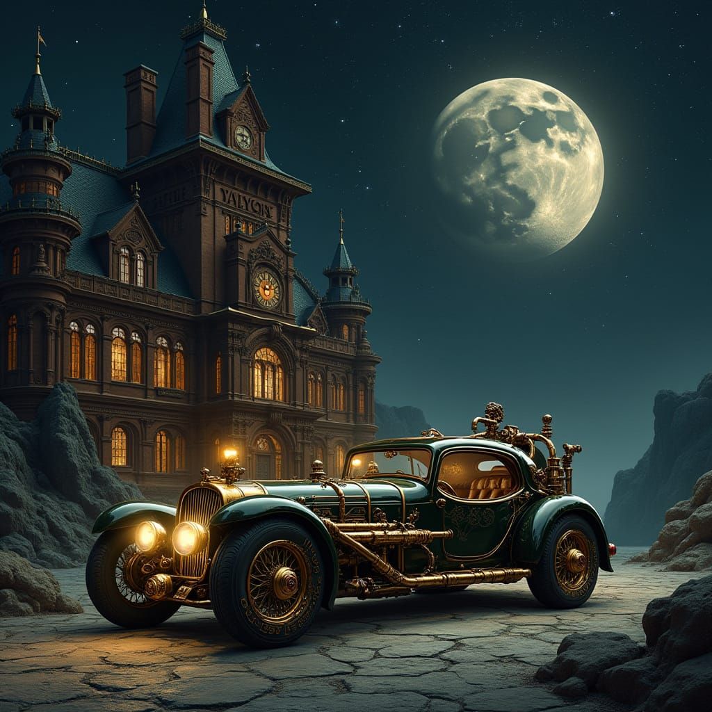 Retro-Futuristic Steampunk Car Under Victorian-Era Skyline