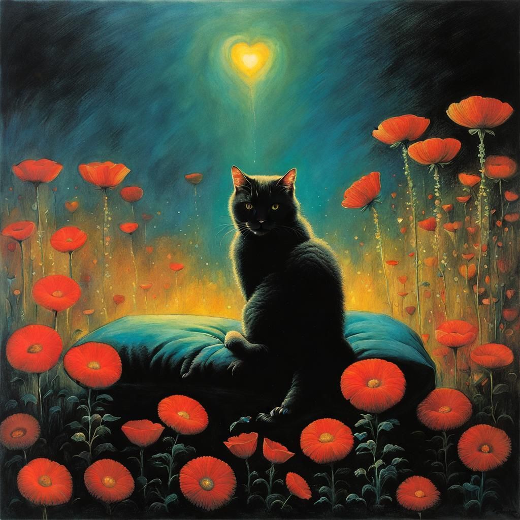 Surreal Cat with Flowers in Beksinski Style