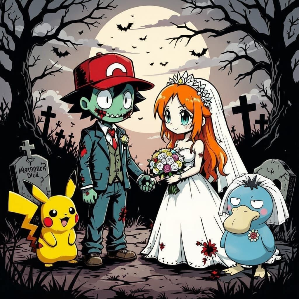 Zombie Wedding: Ash & Misty in Graveyard