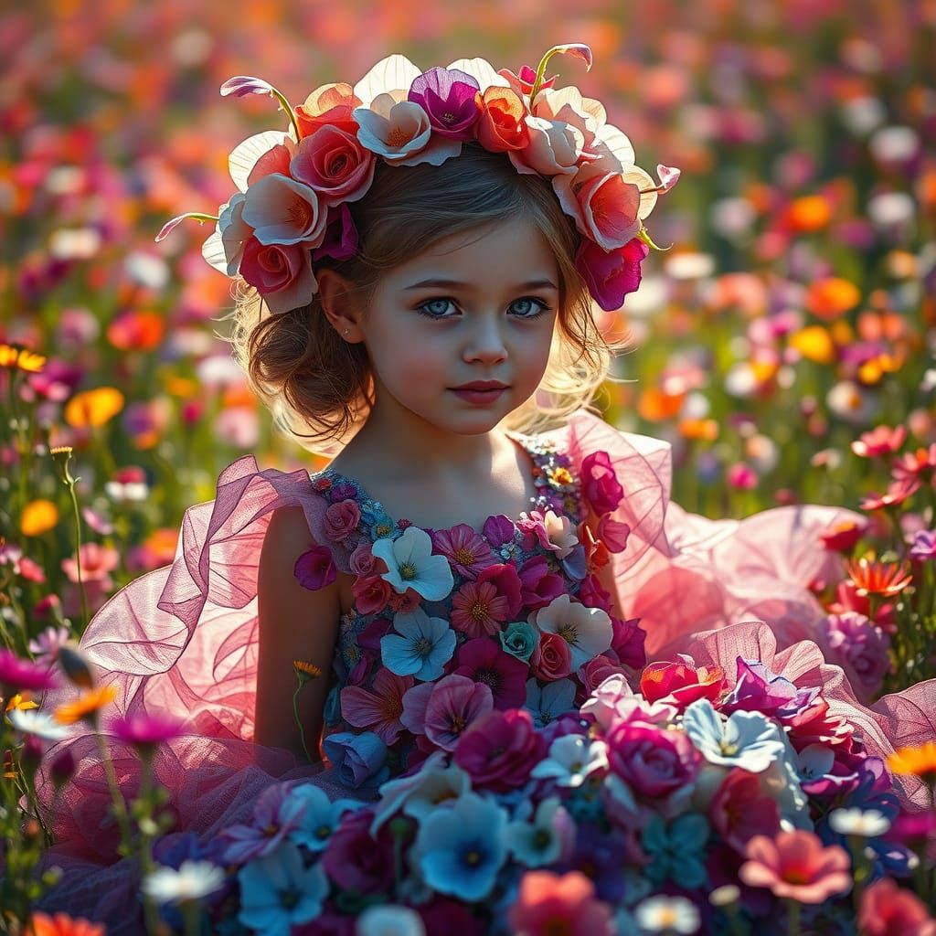 Girl in Vibrant Sunlit Field of Wildflowers