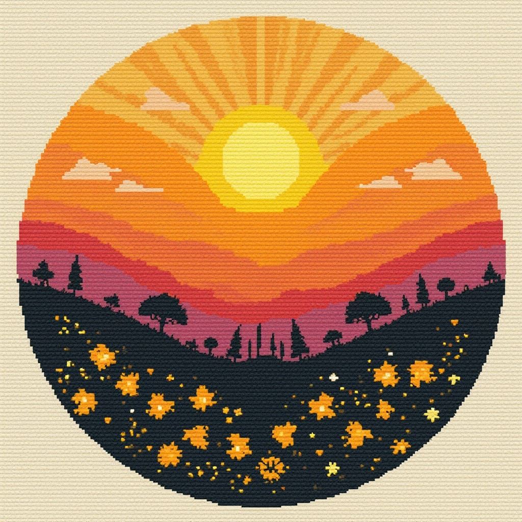 Sunrise Cross Stitch in Traditional Folk Art Style