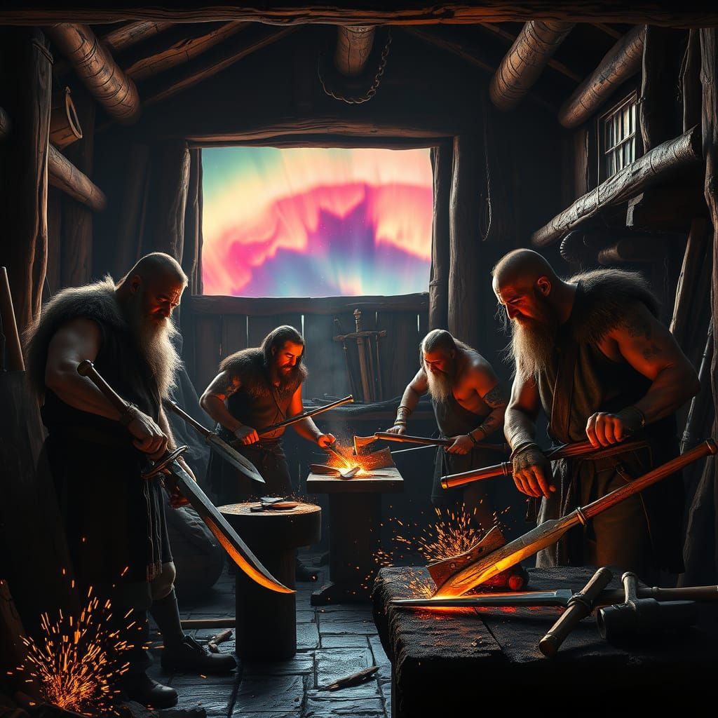 Viking Blacksmiths Forge Blades Under Aurora Borealis