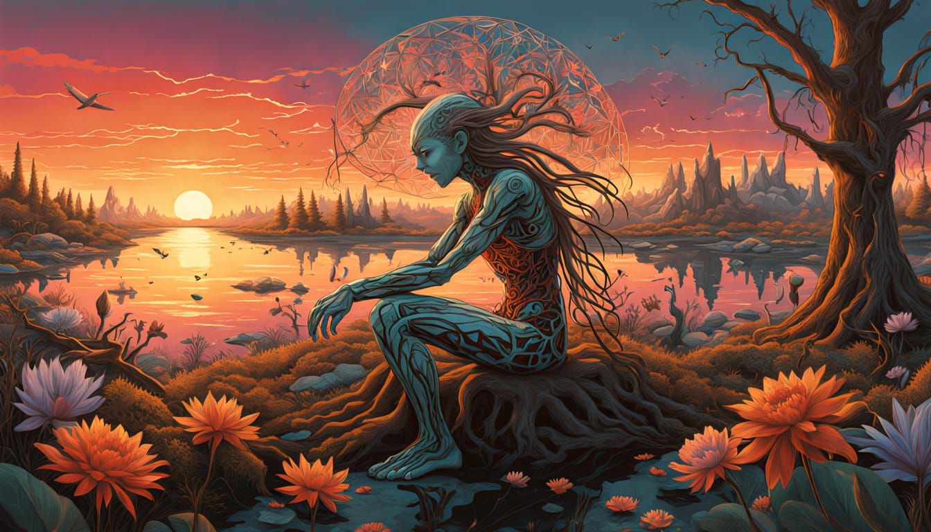 Folkloric Robot Twins in Surreal Eco-Art Garden