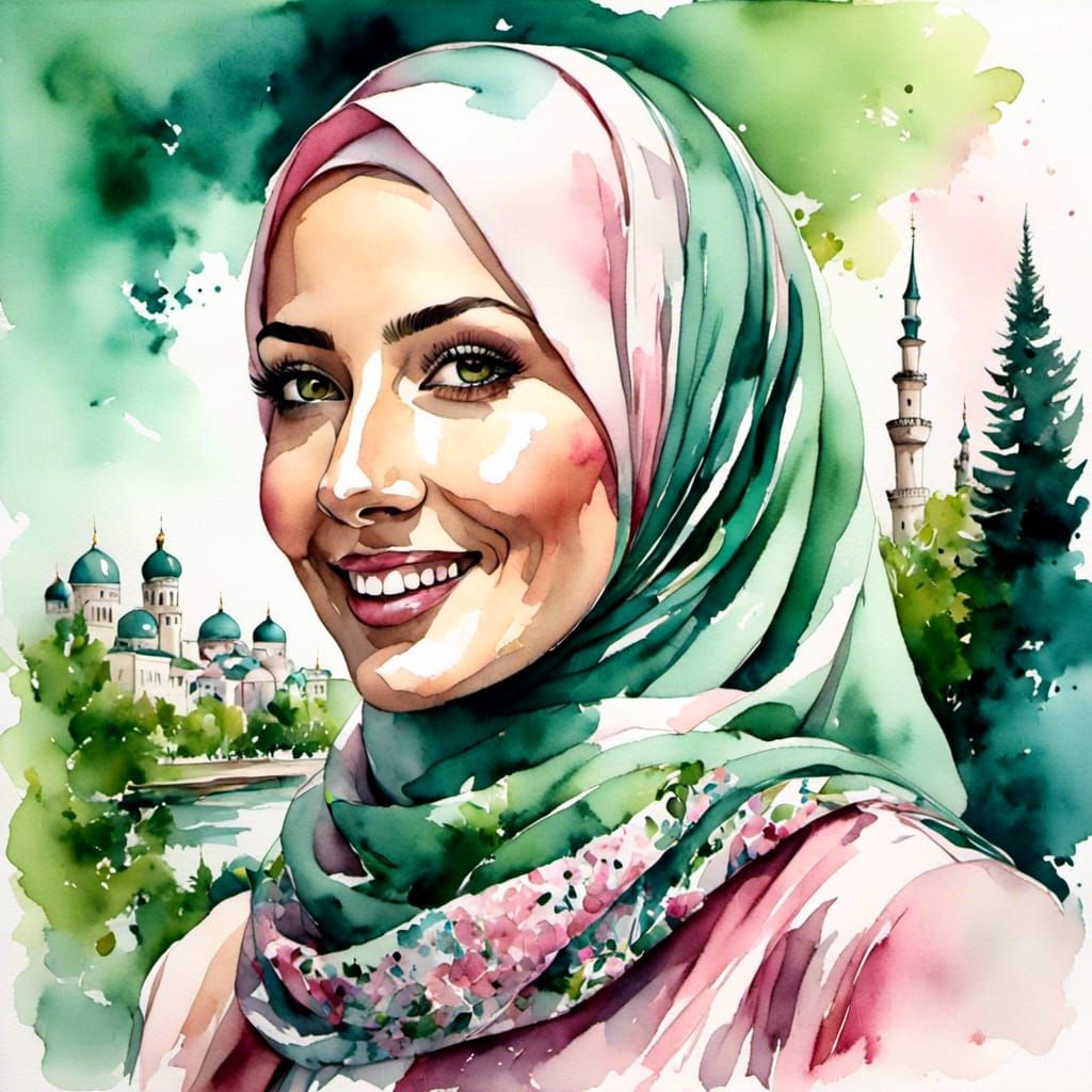 Watercolor Portrait of Woman in Hijab with Facemask