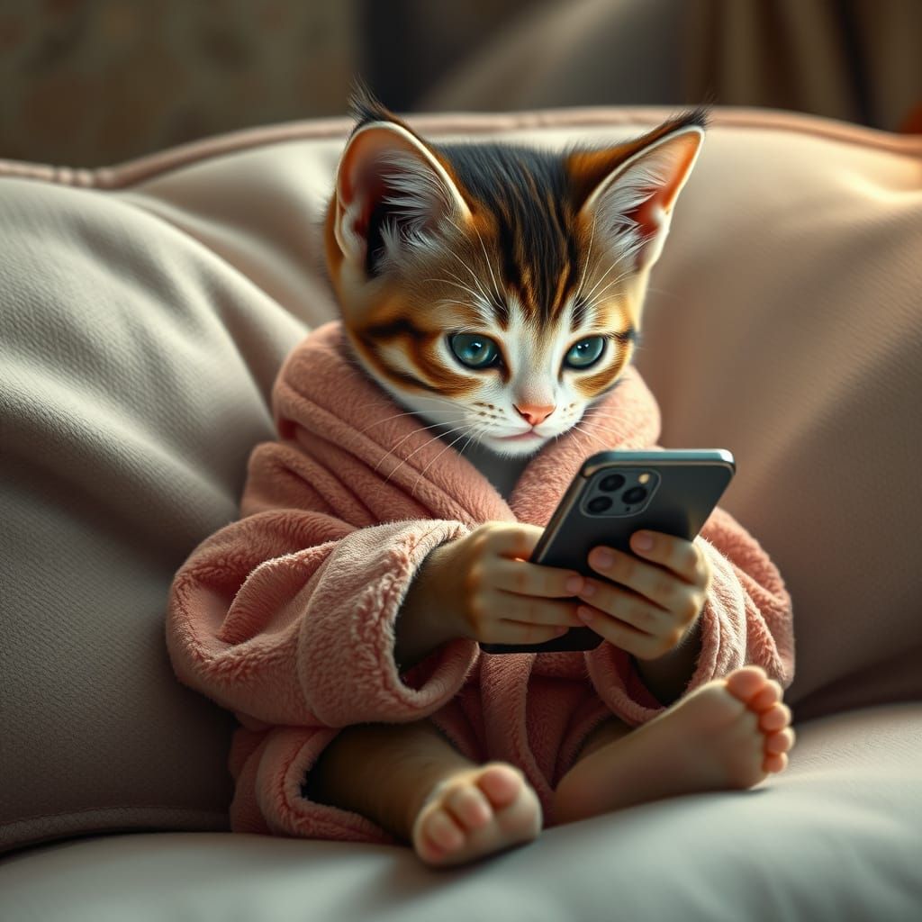 Kitten in Bathrobe Gazing at iPhone