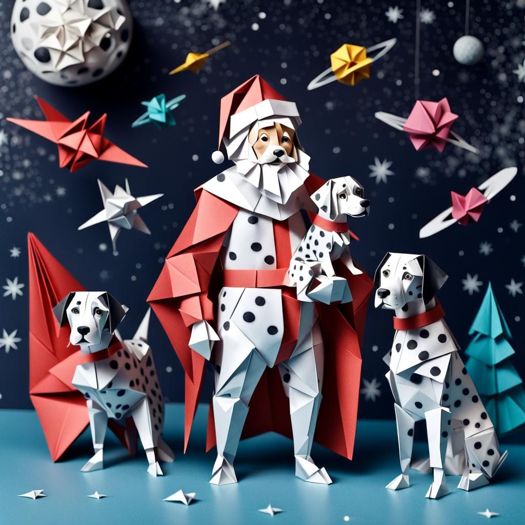 Space Santa with Dalmatians in Origami Style
