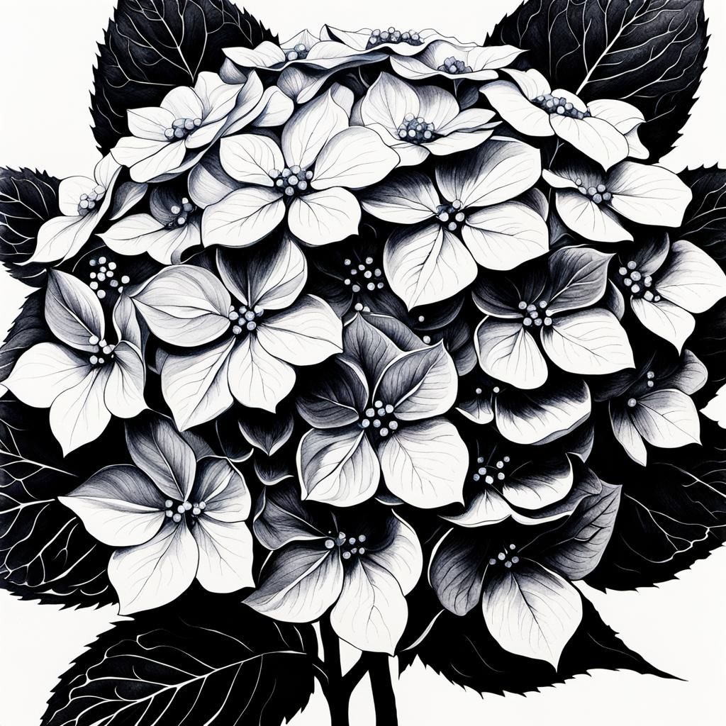 Sinister Hydrangea Flower in Botanical Ink