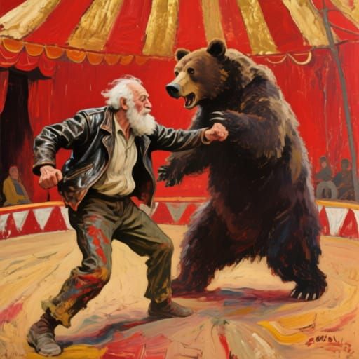 Circus Battle: Old Man vs. Bear, Expressionist Painting