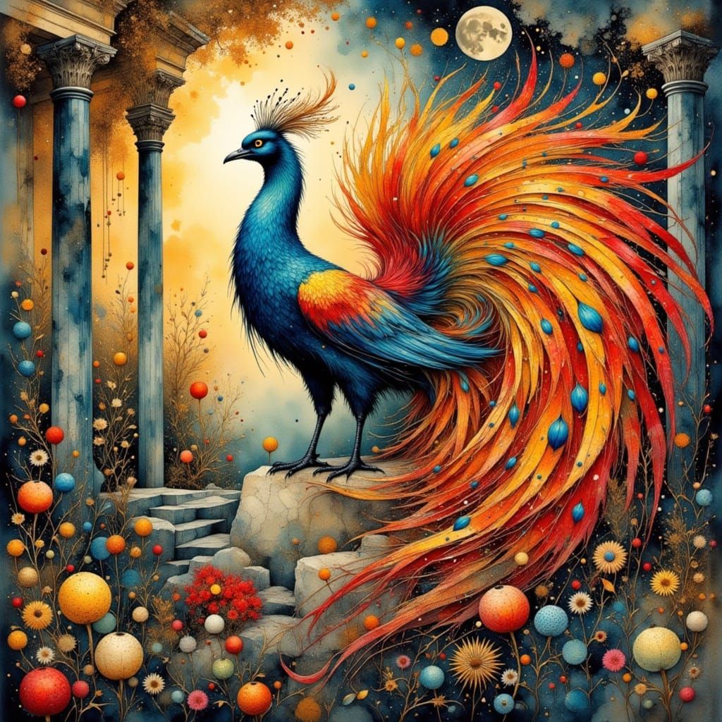 Iridescent Phoenix Before Ancient Temple, Art Nouveau Style