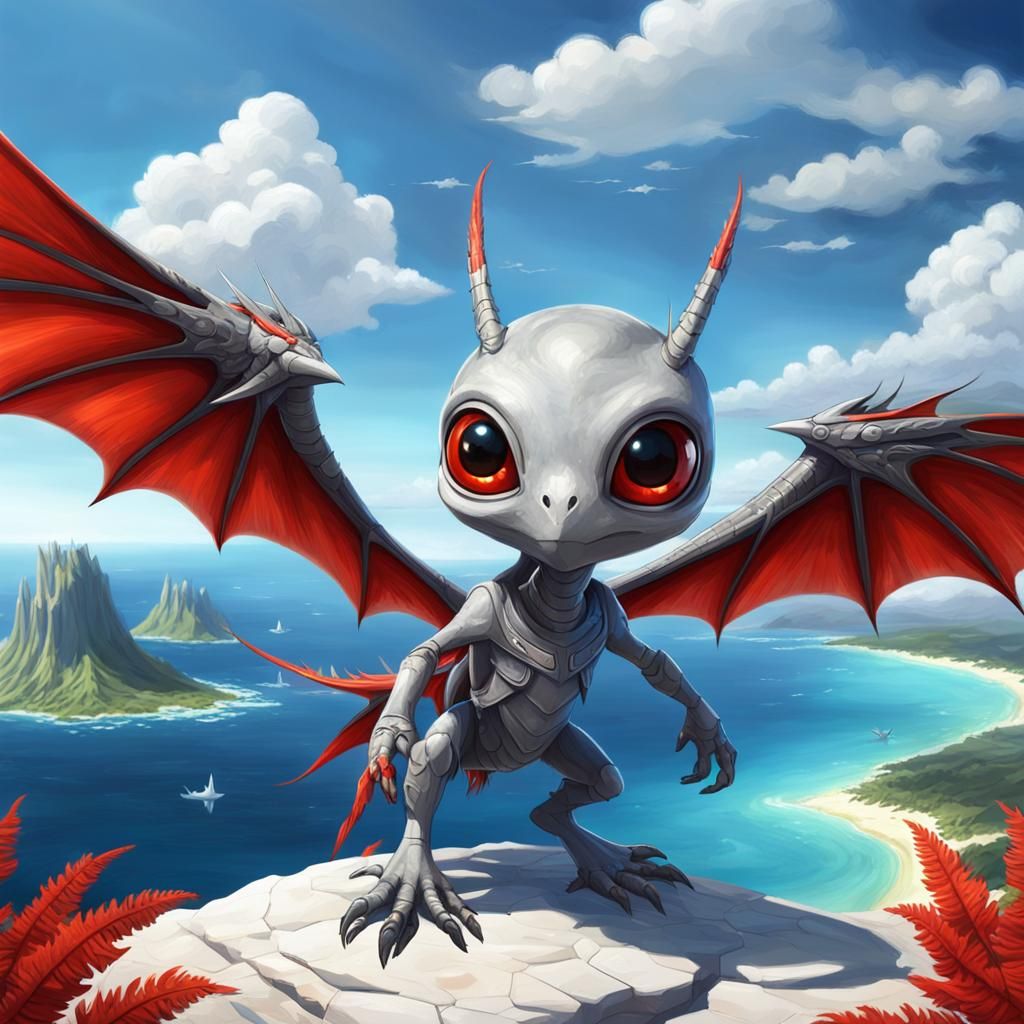 Cute Dragon Alien Landing on Floating Island