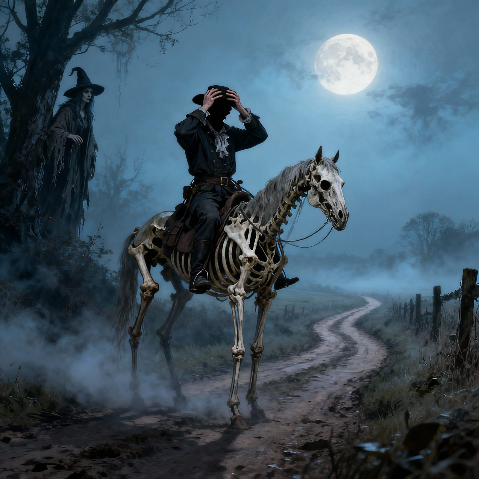 Headless Highwayman Rides Skeletal Horse Under Moonlit Sky
