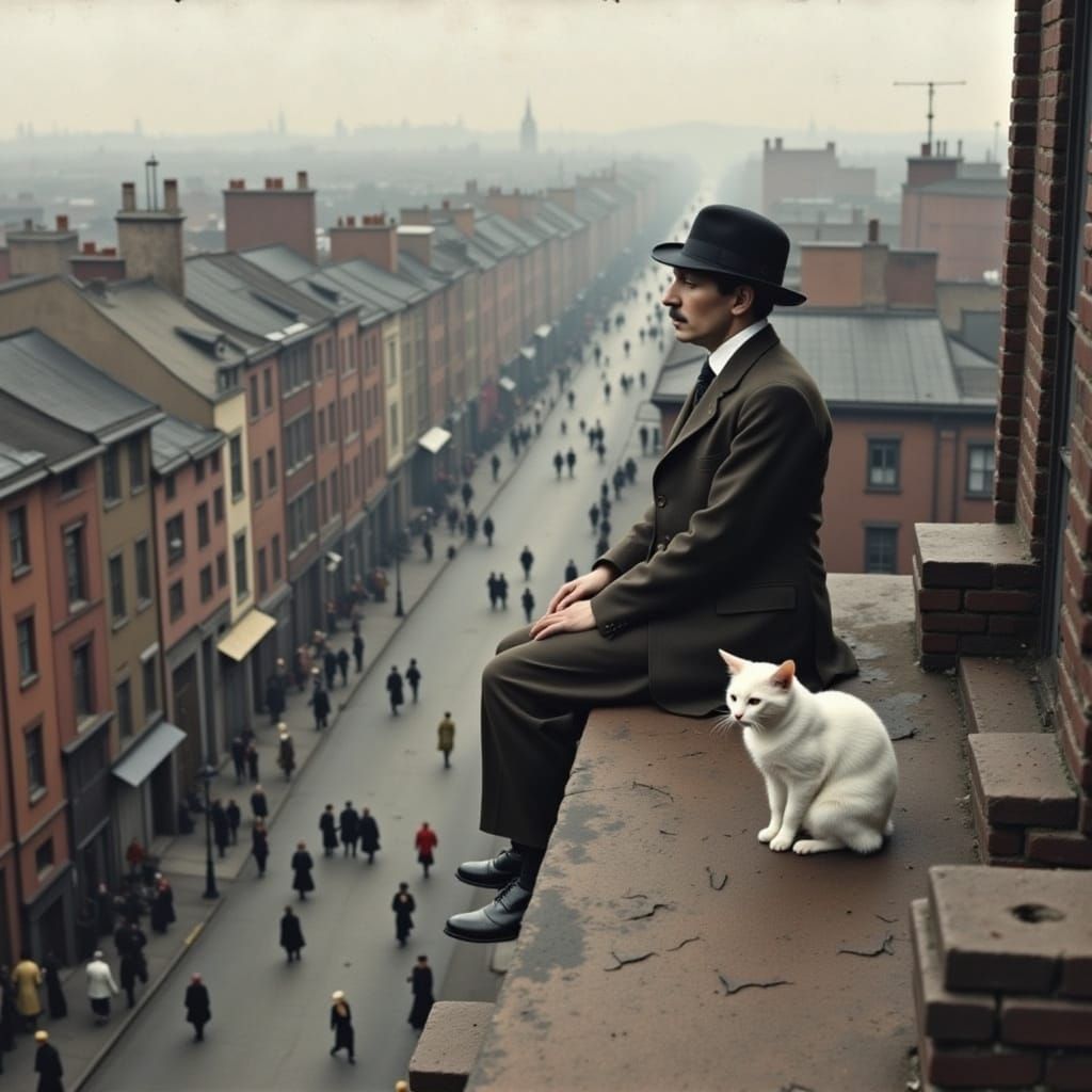 1930s Rooftop Scene with Man and Cat
