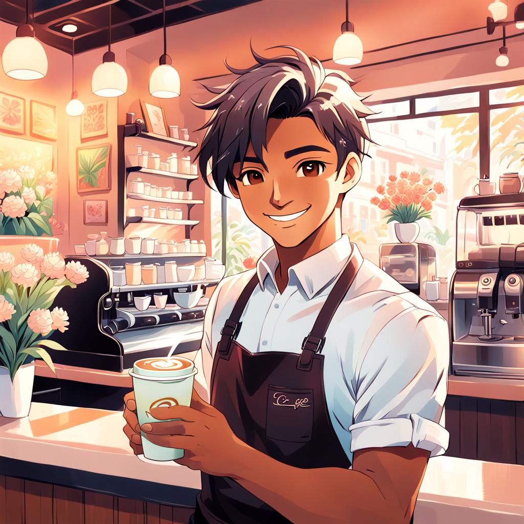 Young Barista in Vibrant Anime Cafe