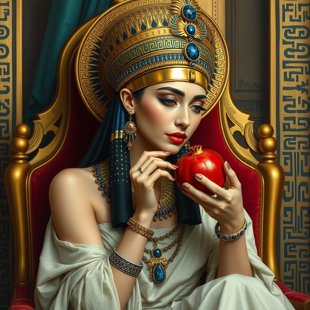 Egyptian Queen Savoring Pomegranate in Golden Splendor