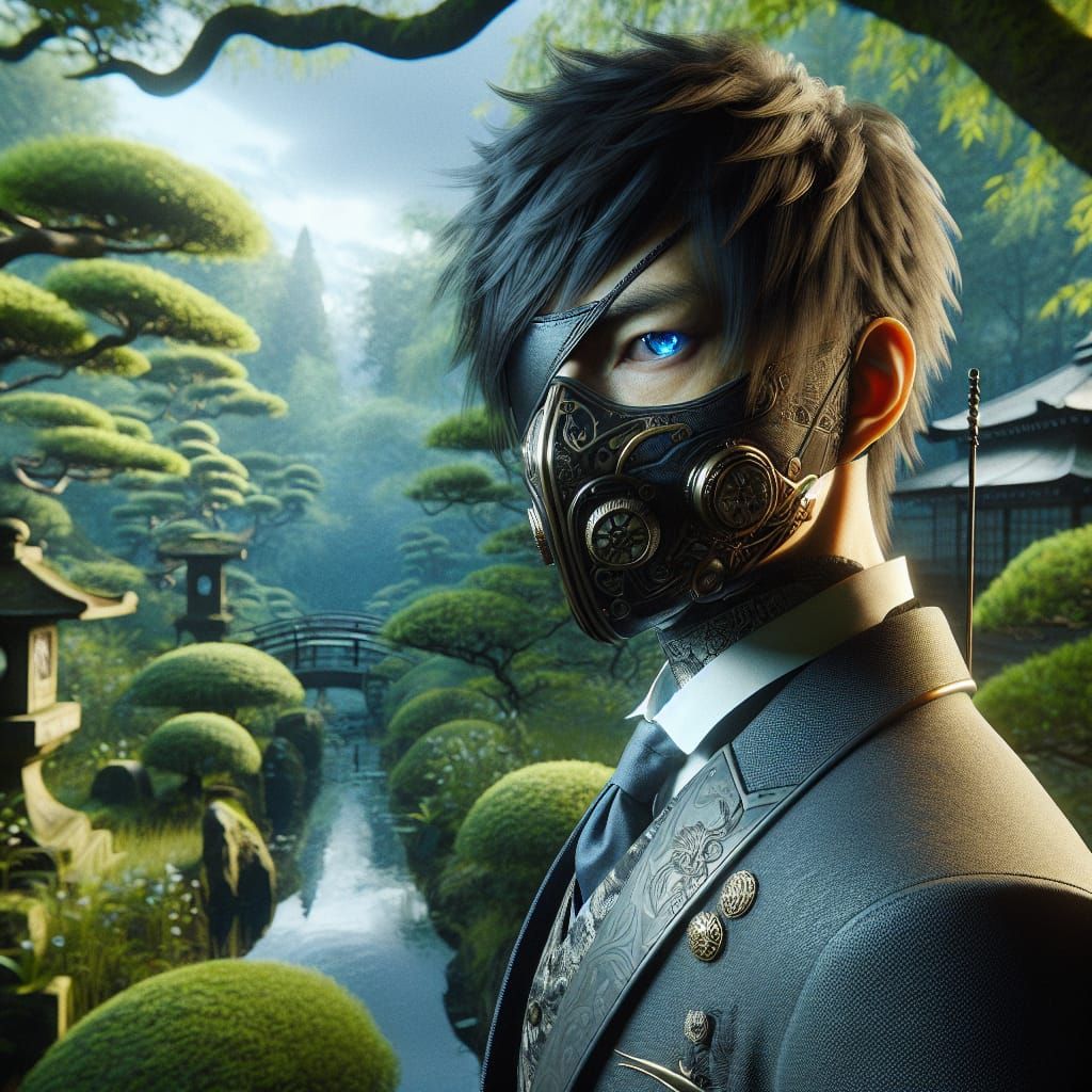 A Japanese steampunk man with short black hair with a half-m...