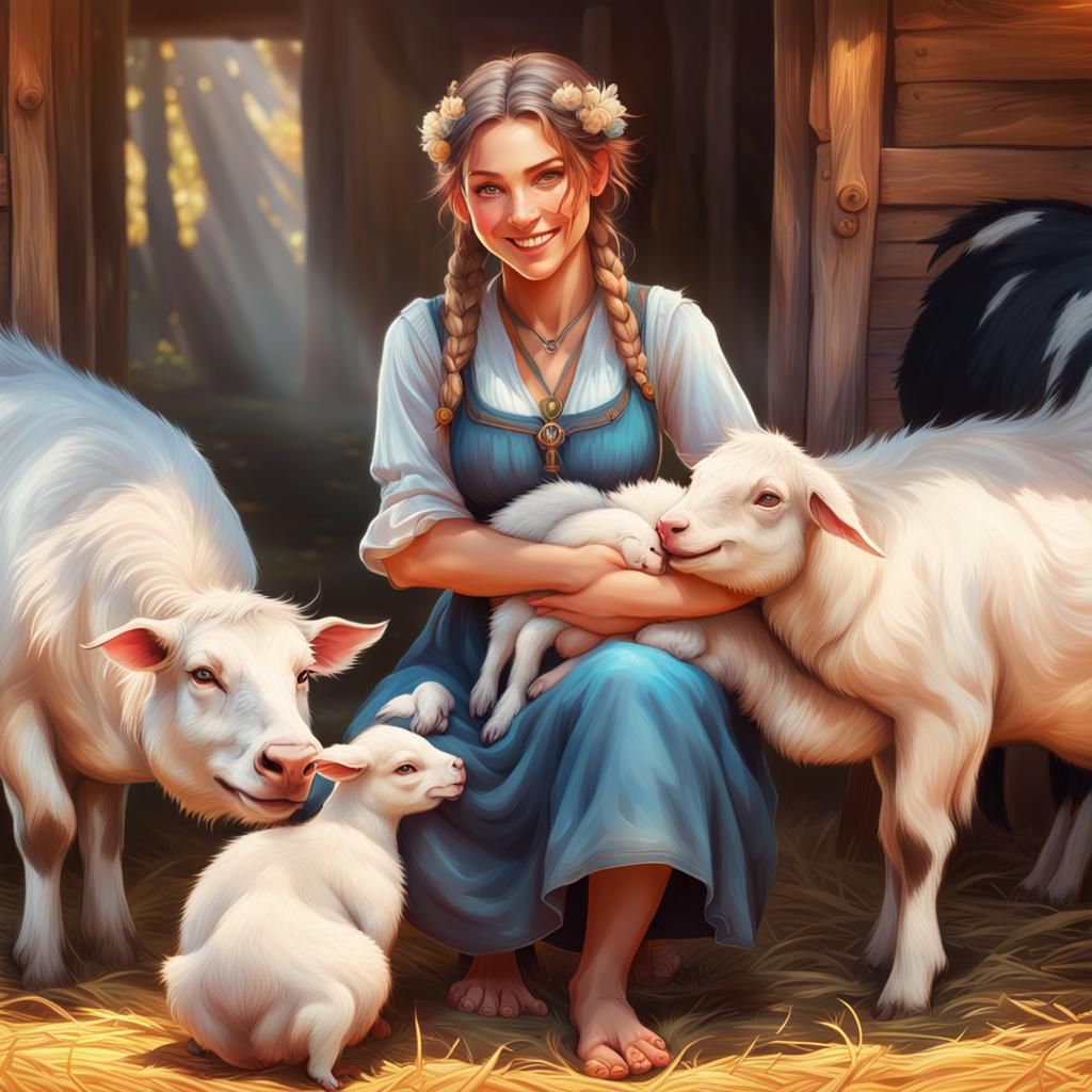 Happy Girl with Farm Animals, Art Nouveau Portrait