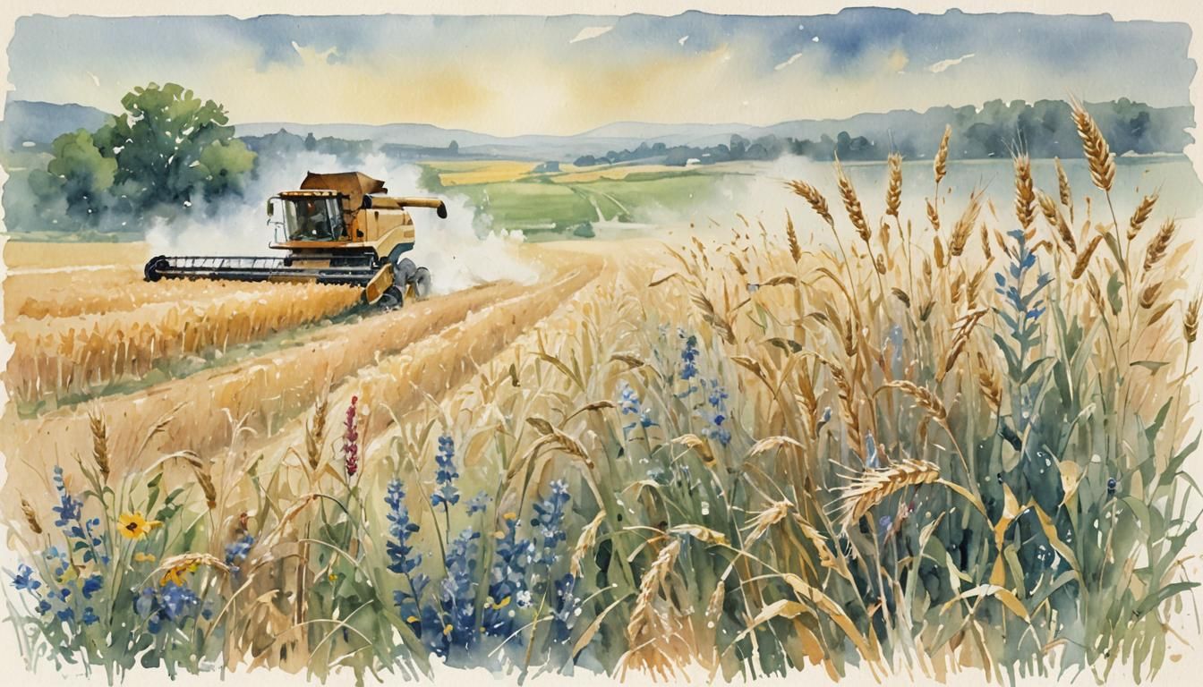 Golden Fields: A Watercolor Impressionist Harvester