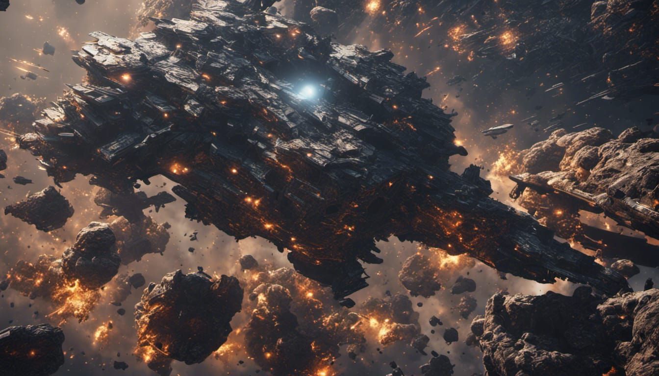 Asteroid Field in Deep Space with Spaceship