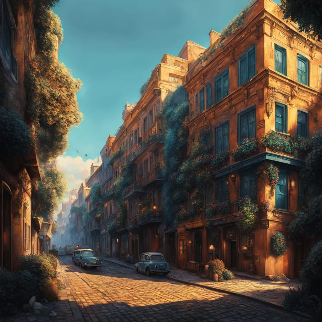 Sunlit Street as Expressionist Gouache Painting