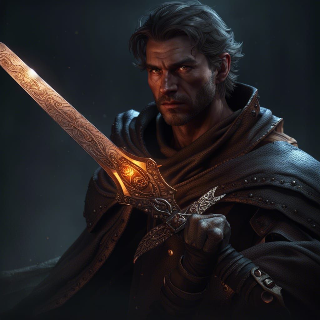 Adventurer with Sword in Dark Fantasy Style