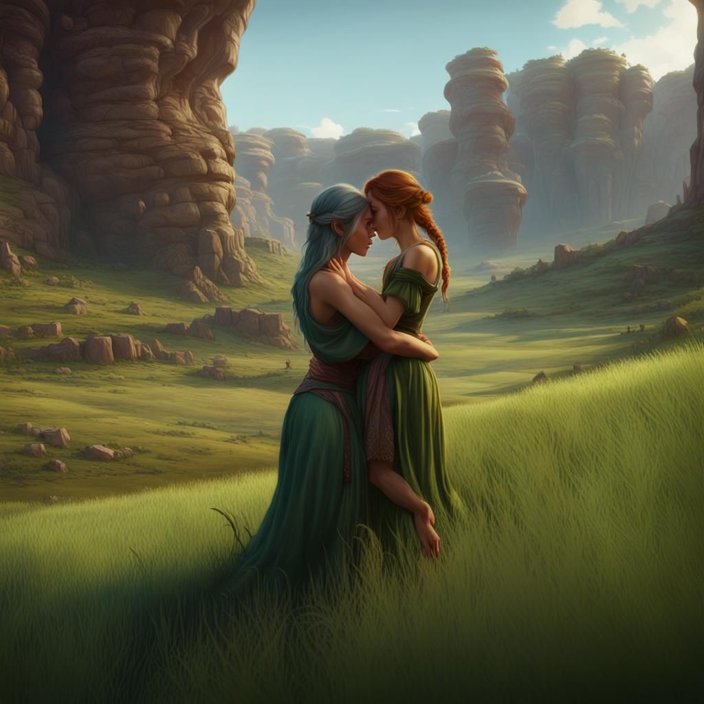 Fairy and Peasant Girl in Green Meadow