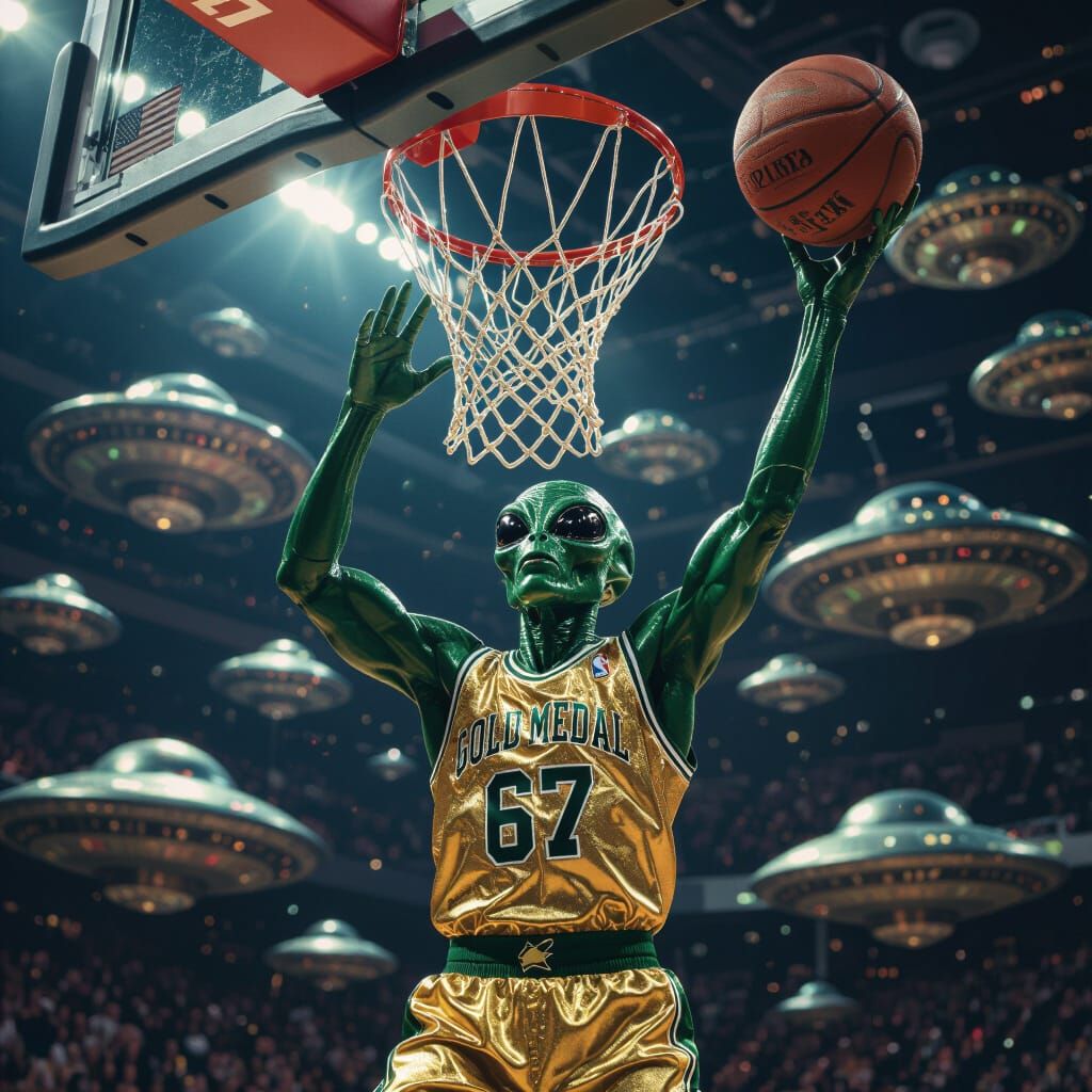 Alien Athlete Dunks Basketball Amidst UFO Swarm