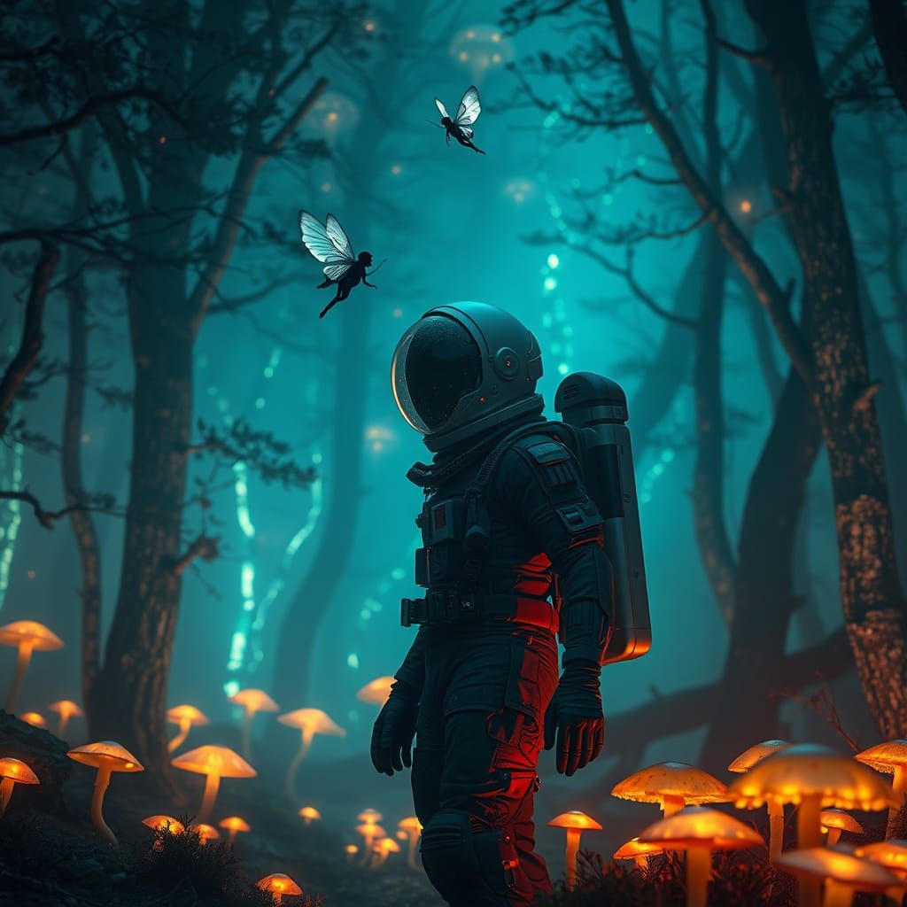Astronaut in Bioluminescent Forest with Fairy, Sci-Fi Art