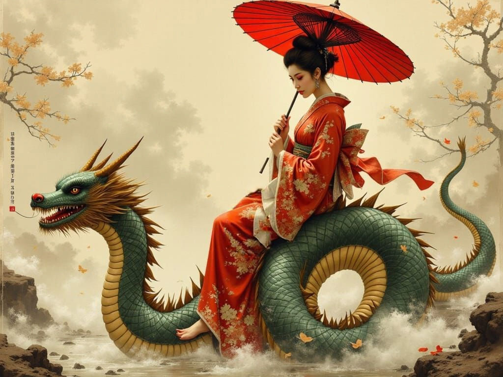 Geisha and Dragon in Japanese Vintage Style