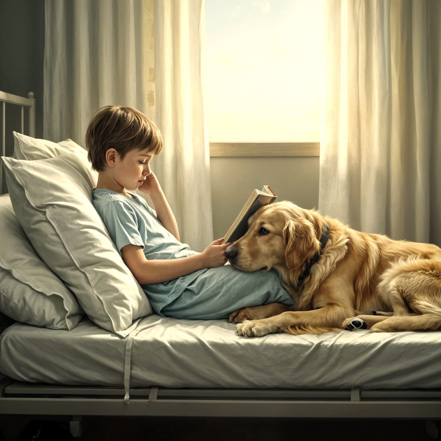 Tender Moment of a Child and Dog in Golden Light