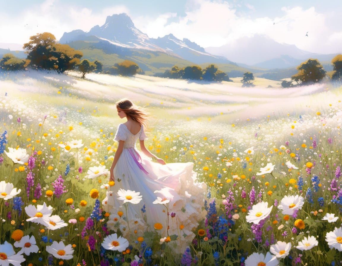 Enchanted Flower Meadow with River and Butterflies