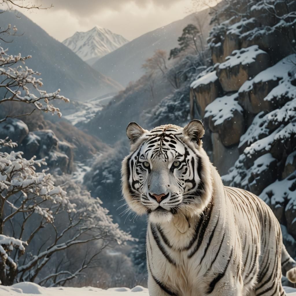 Majestic White Tiger in Snowy Mountains