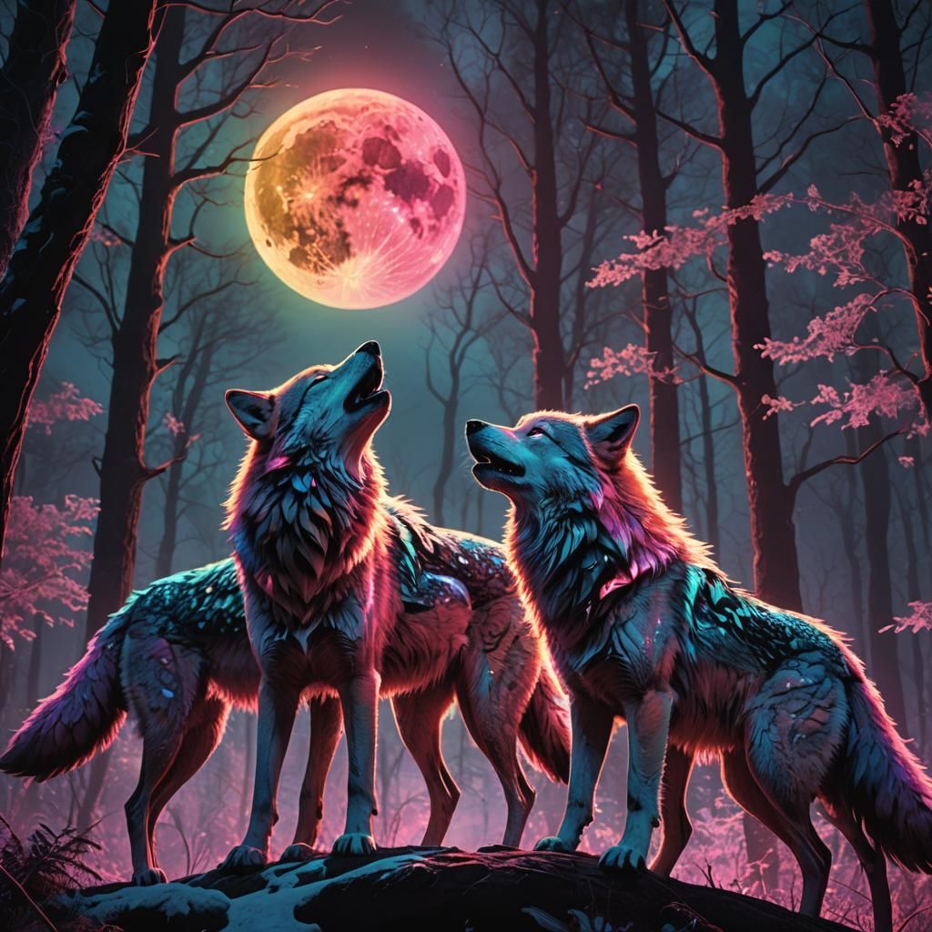 Neon Wolves Howling at Psychedelic Moon