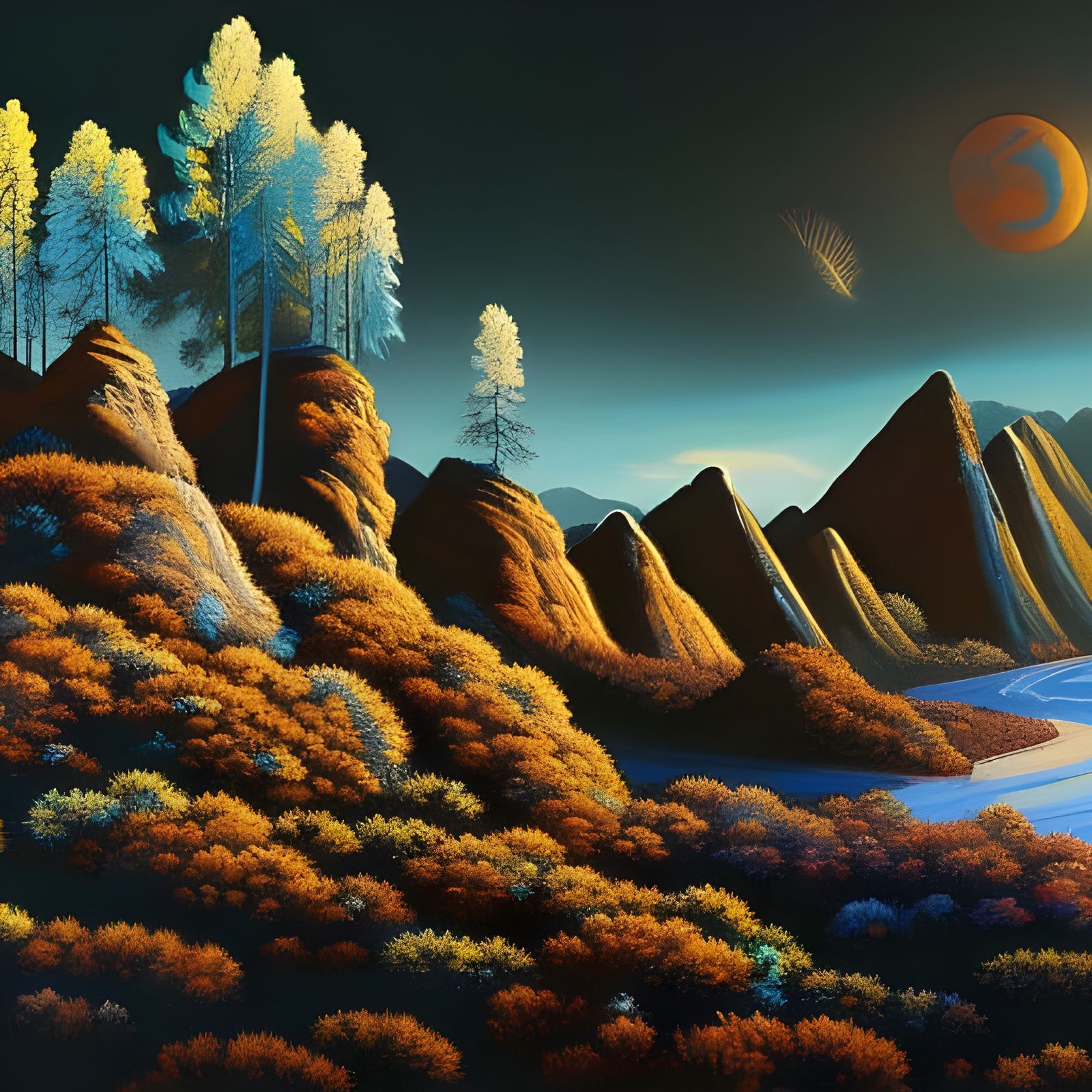 magical realism scene, whimsical mountains, high contrast landscape, intricate detail, Emily Carr