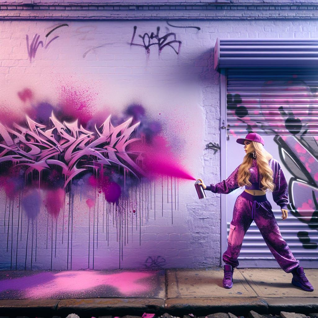 Woman Creates Graffiti Art on Purple Wall