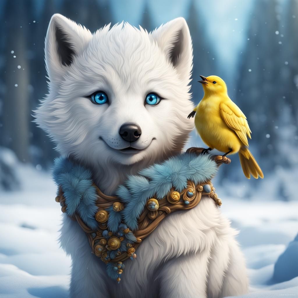 Cute Polar Wolf Cub with Bird, Detailed Digital Painting