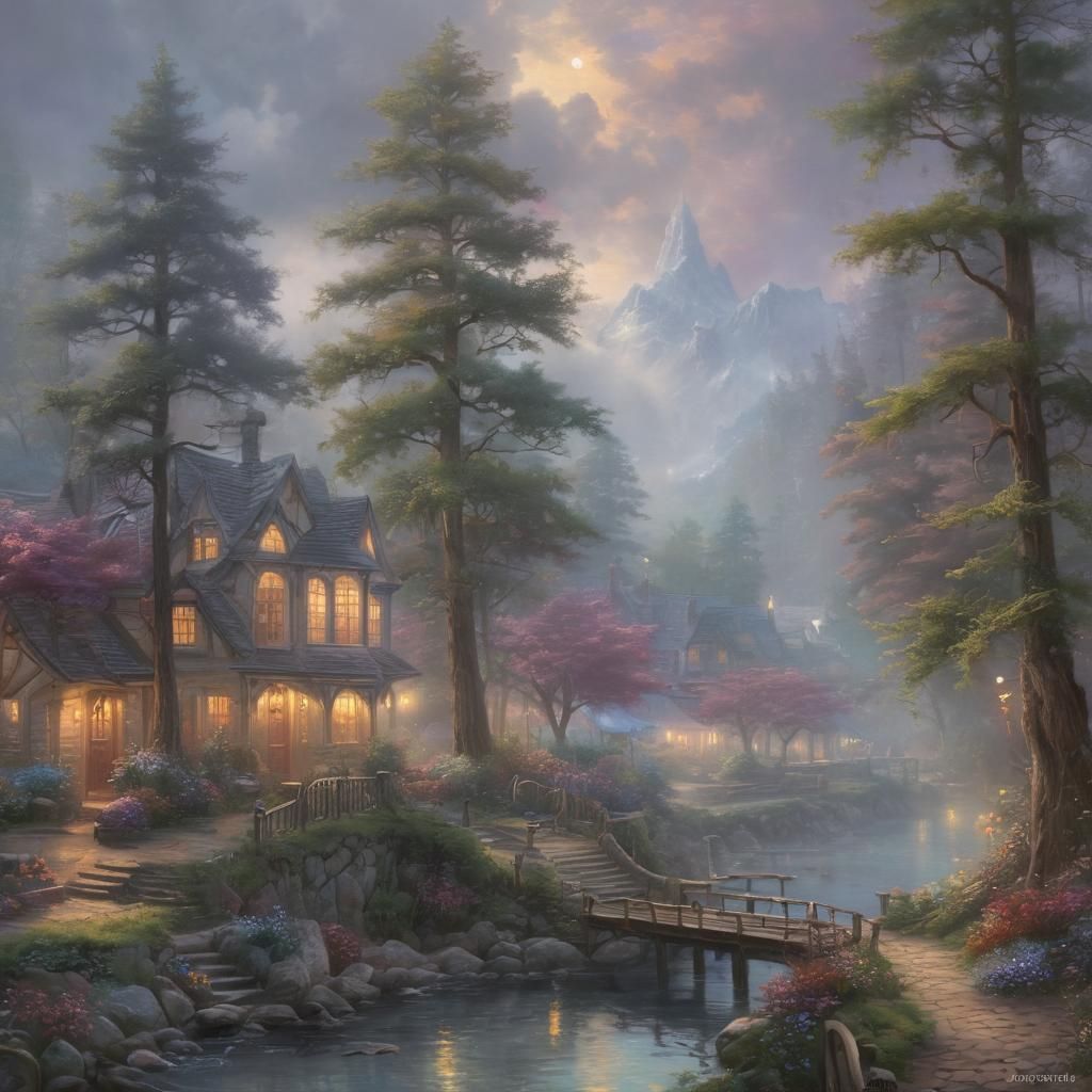 Ethereal Misty Fantasy Landscape in Kinkade Style