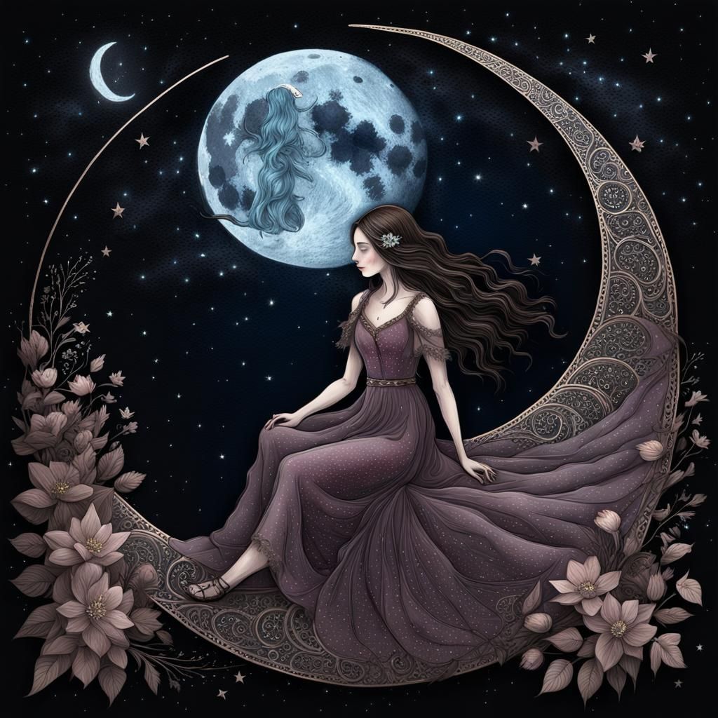 Whimsical Girl on Moon in Night Sky, Charcoal Sketch