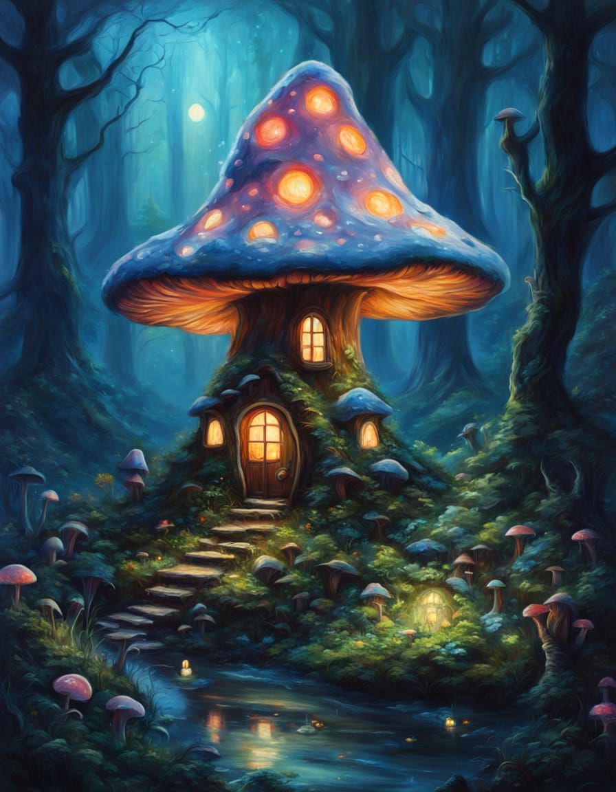 Whimsical Bioluminescent Mushroom Cottage in a Dreamy Landsc...